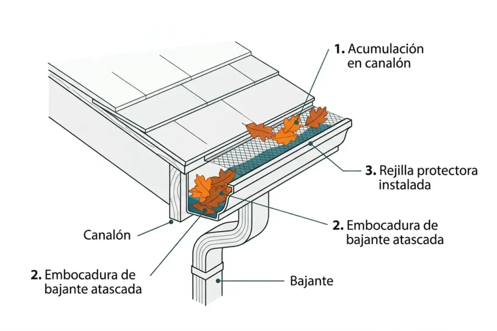 Diagrama en corte de alero de tejado que muestra la acumulación de hojas en el canalón, la embocadura de bajante atascada y la rejilla protectora instalada