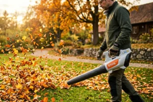Aspirador hojas mojadas con turbina metálica triturando hojas húmedas de otoño en césped